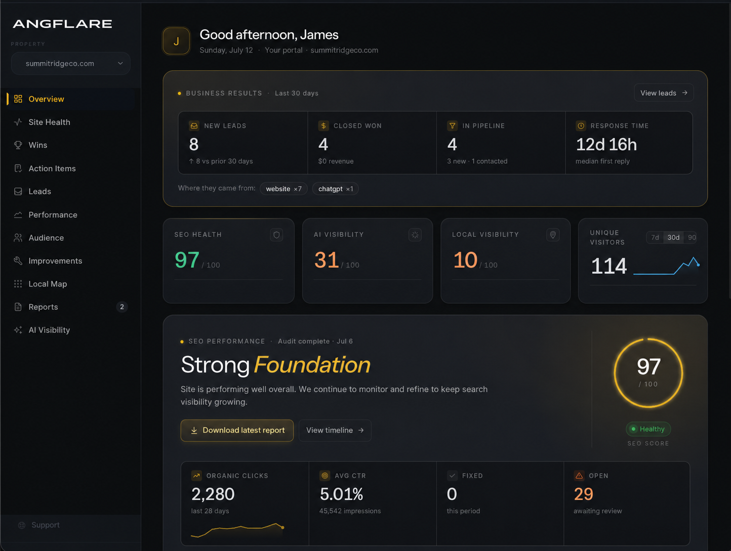 Angflare client portal — business results, SEO health, AI visibility and local map in one overview